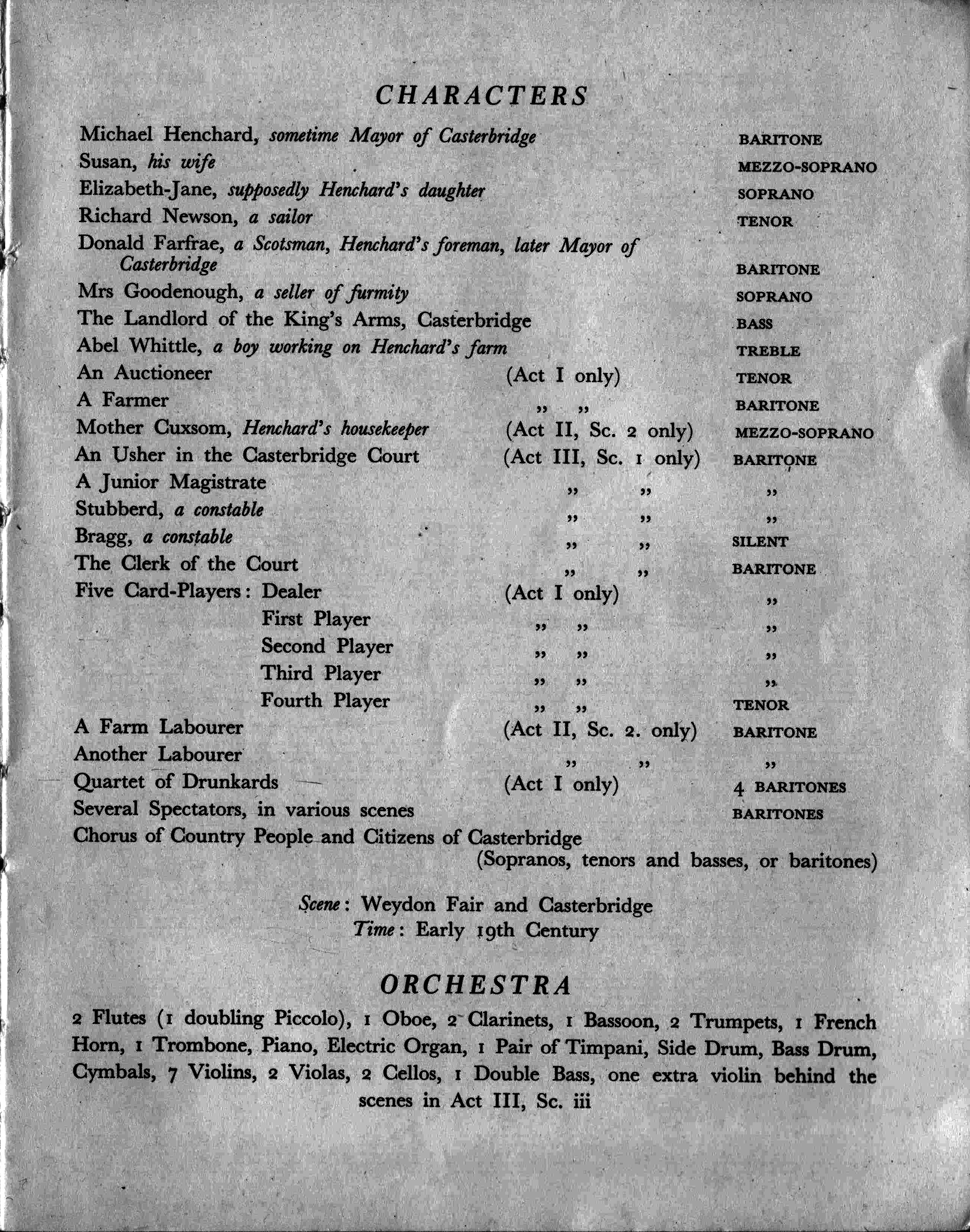 List of characters from the vocal score of The Mayor of Casterbridge, original edition, 1951