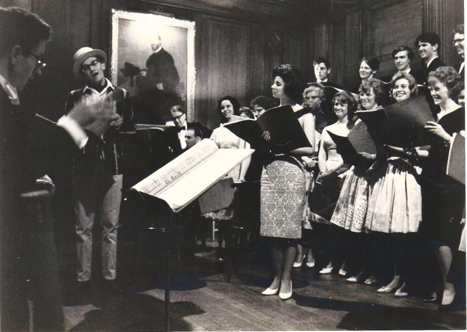 Rehearsal for Daisy Simpkins, Selwyn College, Cambridge, 1962, featuring David Hindley, Gerald Hendrie, Anita Gradecka, Peter Tranchell, Harry Porter and members of the chorus