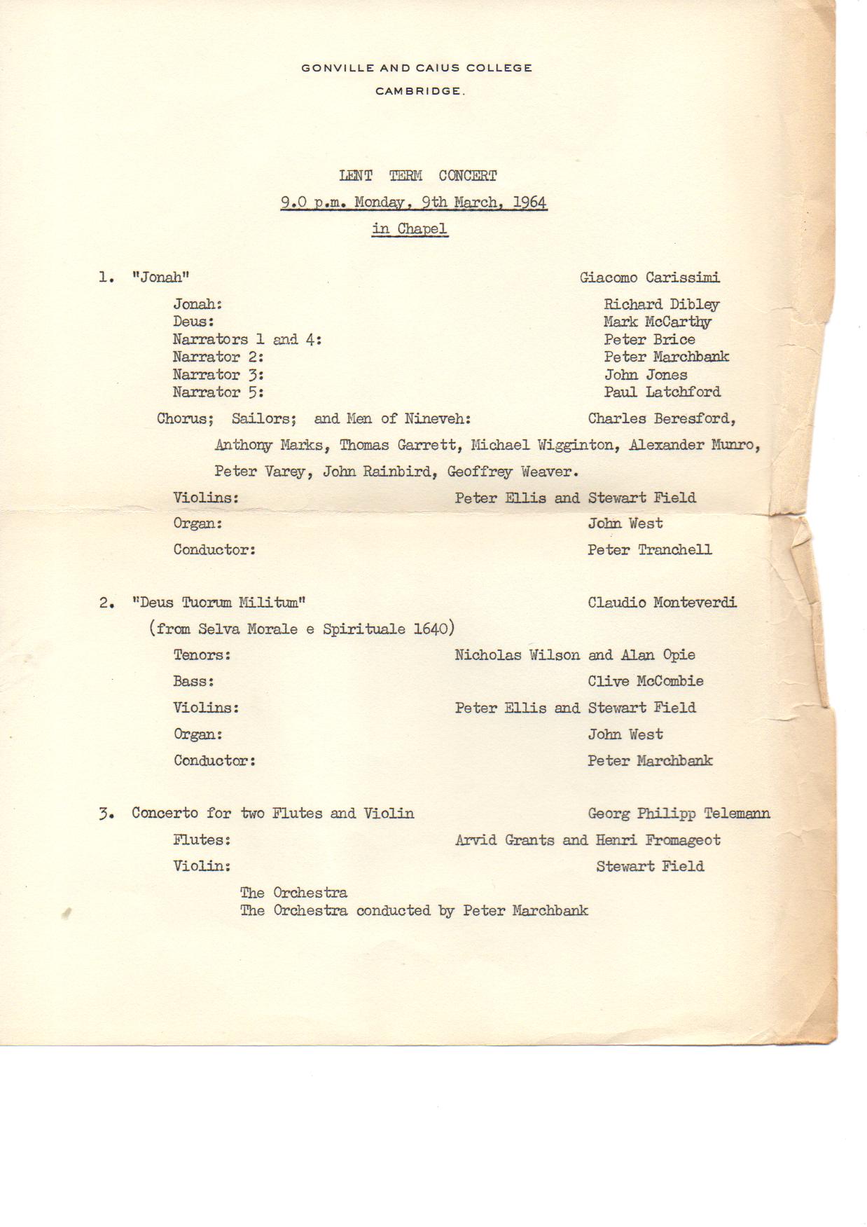 GONVILLE AND CAIUS COLLEGE 1964 LENT TERM CONCERT programme
