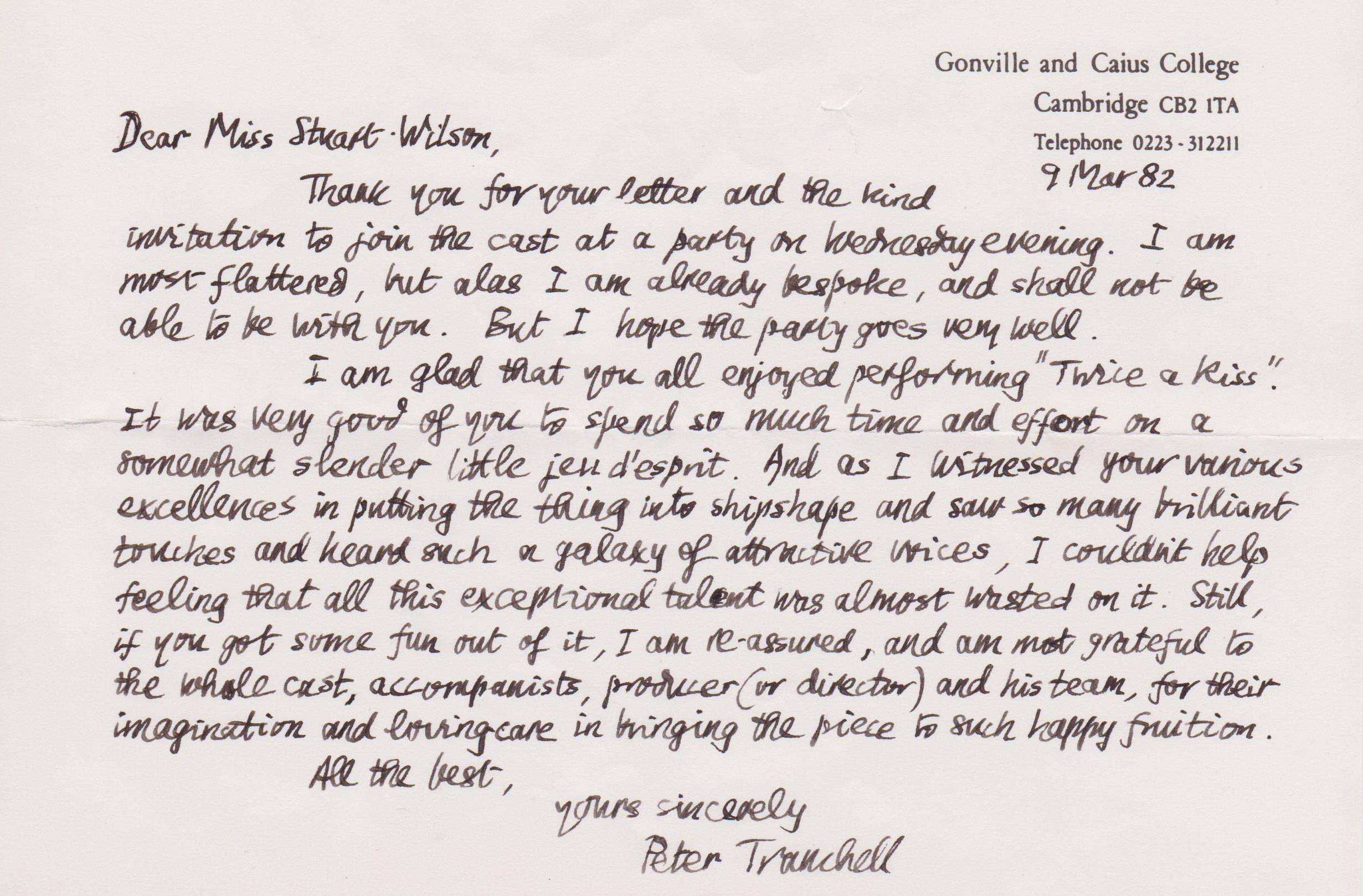Letter from Peter Tranchell to Fiona Stuart-Wilson following the performance of Twice A Kiss at the Cambridge ADC in 1982