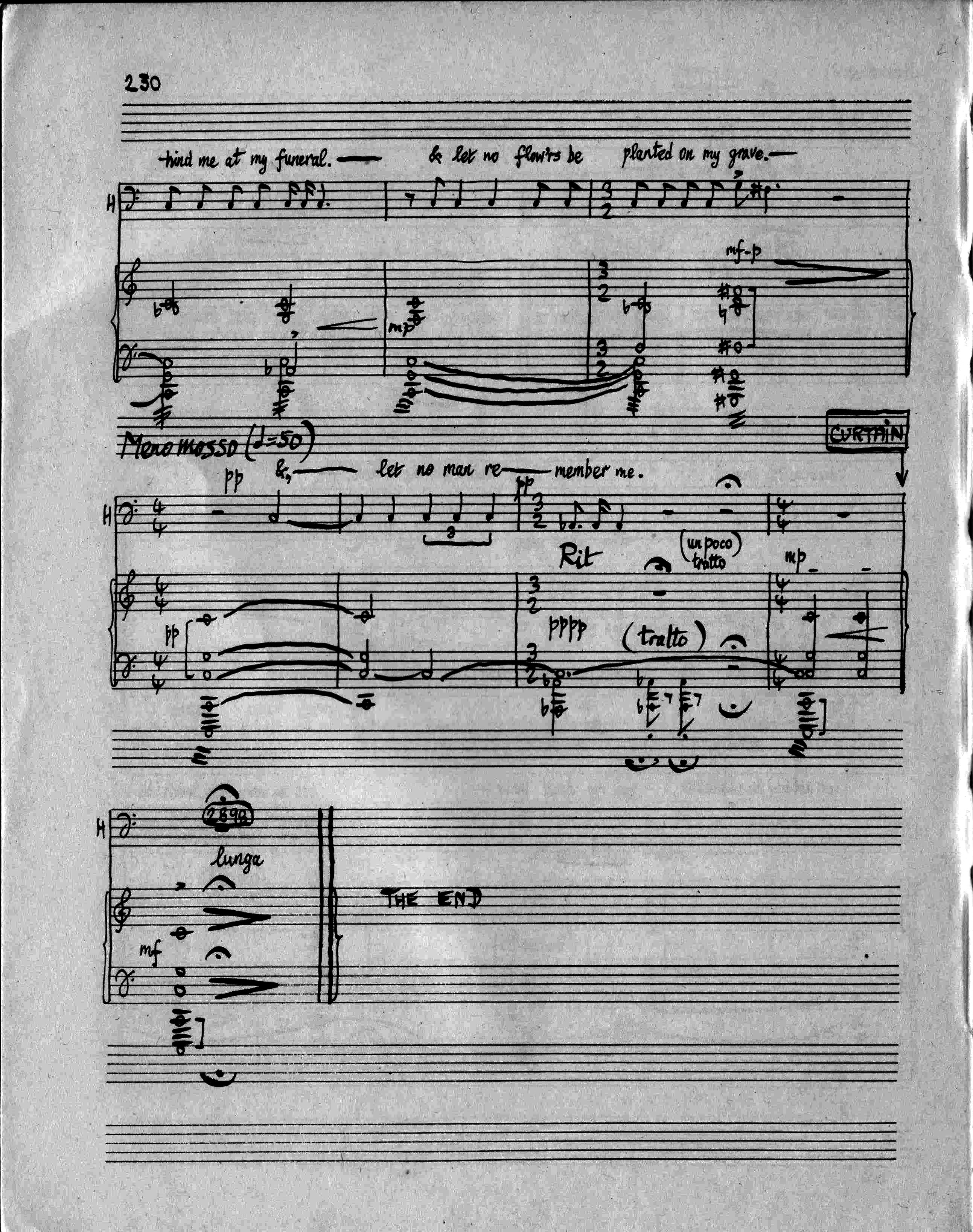 The final bars of the vocal score of The Mayor of Casterbridge, original edition, 1951