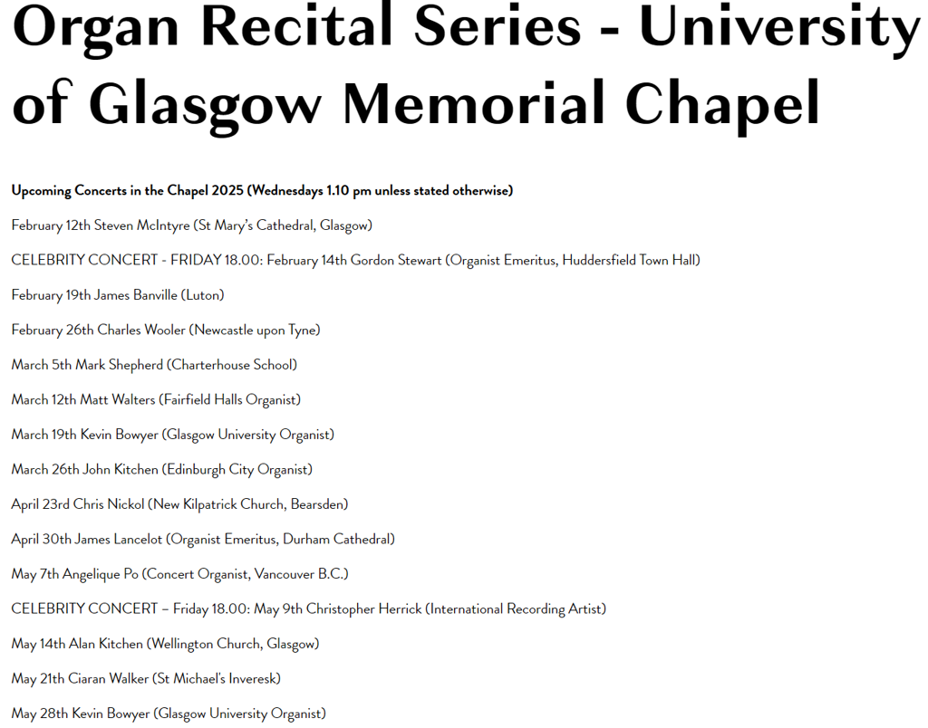 2025 Organ Recital Series - University of Glasgow Memorial Chapel