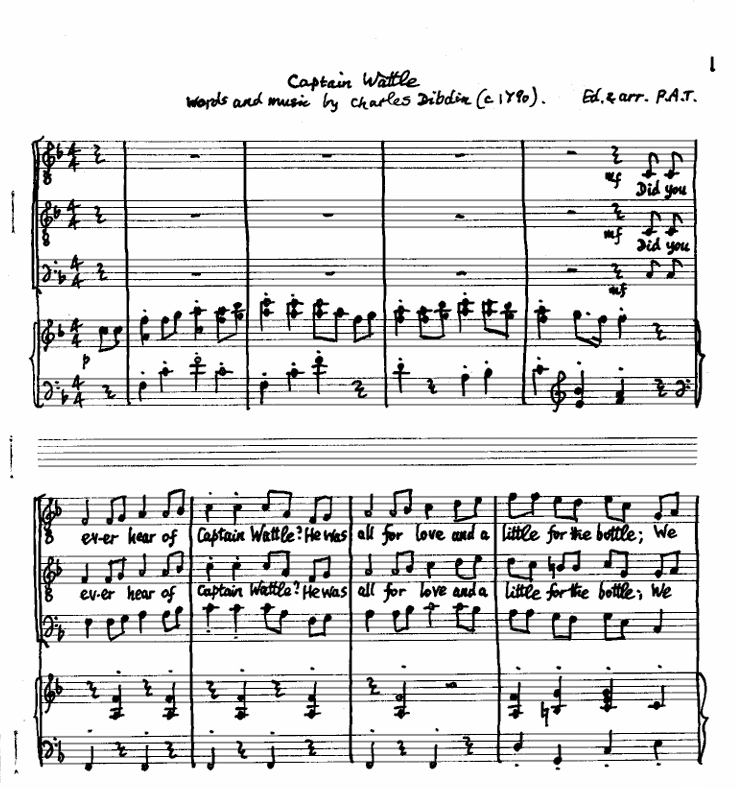 The first few bars of Peter Tranchell's arrangement of Captain Wattle