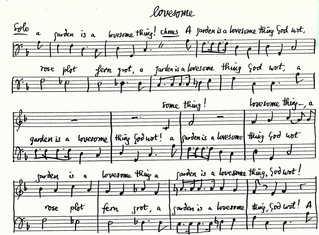 The first few bars of the original manuscript score of Lovesome by Peter Tranchell