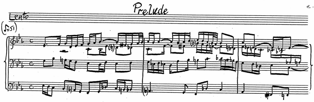 The opening bars of Prelude for Organ, by Peter Tranchell, 1952, from the original manuscript score.