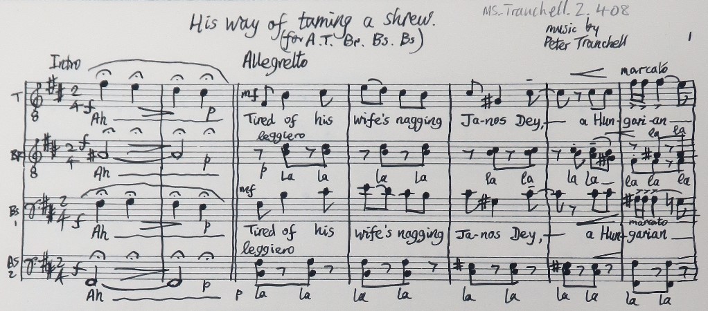 Image from manuscript score of Peter Tranchell's His way of taming a shrew