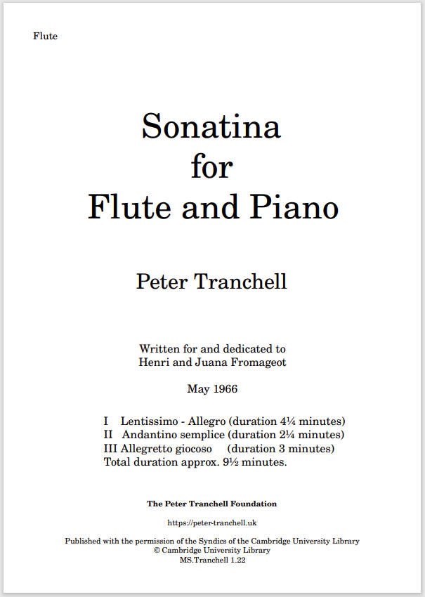 Cover of typeset flute part of Peter Tranchell's Sonatina for Flute and Piano