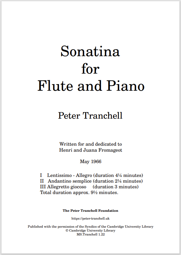 Cover of typeset full score of Peter Tranchell's Sonatina for Flute and Piano