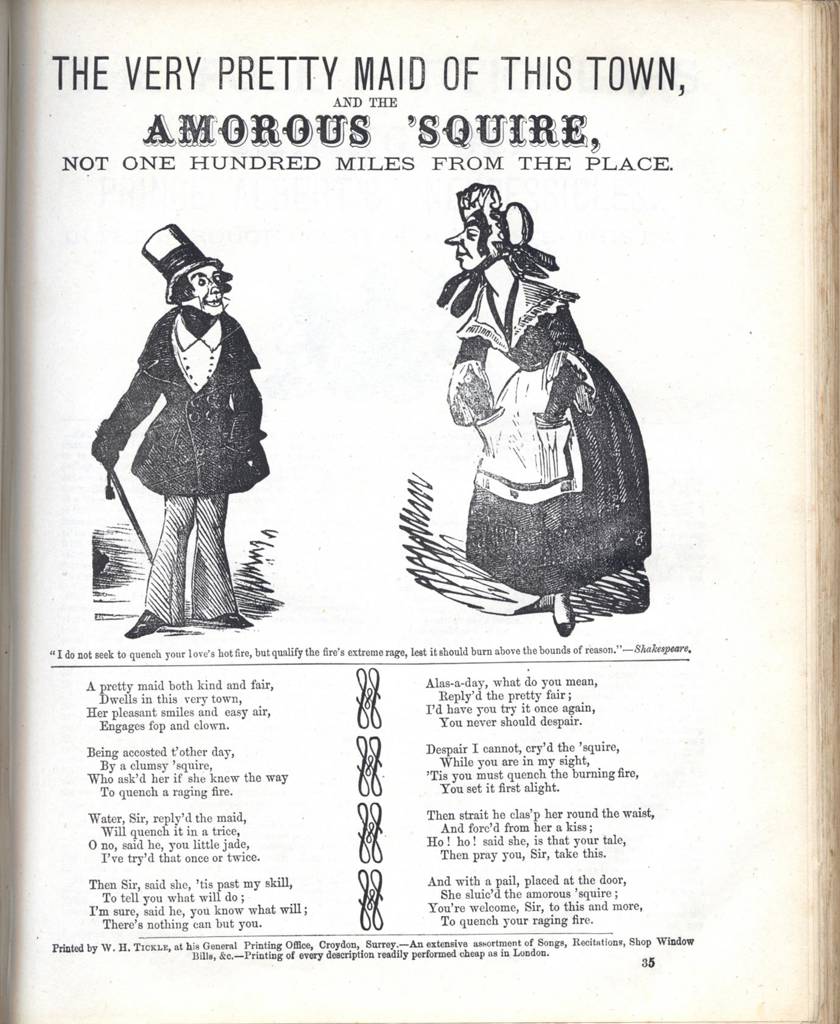 Copy of a page from a book, showing The Very Pretty Maid of this Town, and the Amorous ’Squire, not One Hundred Miles from the Place