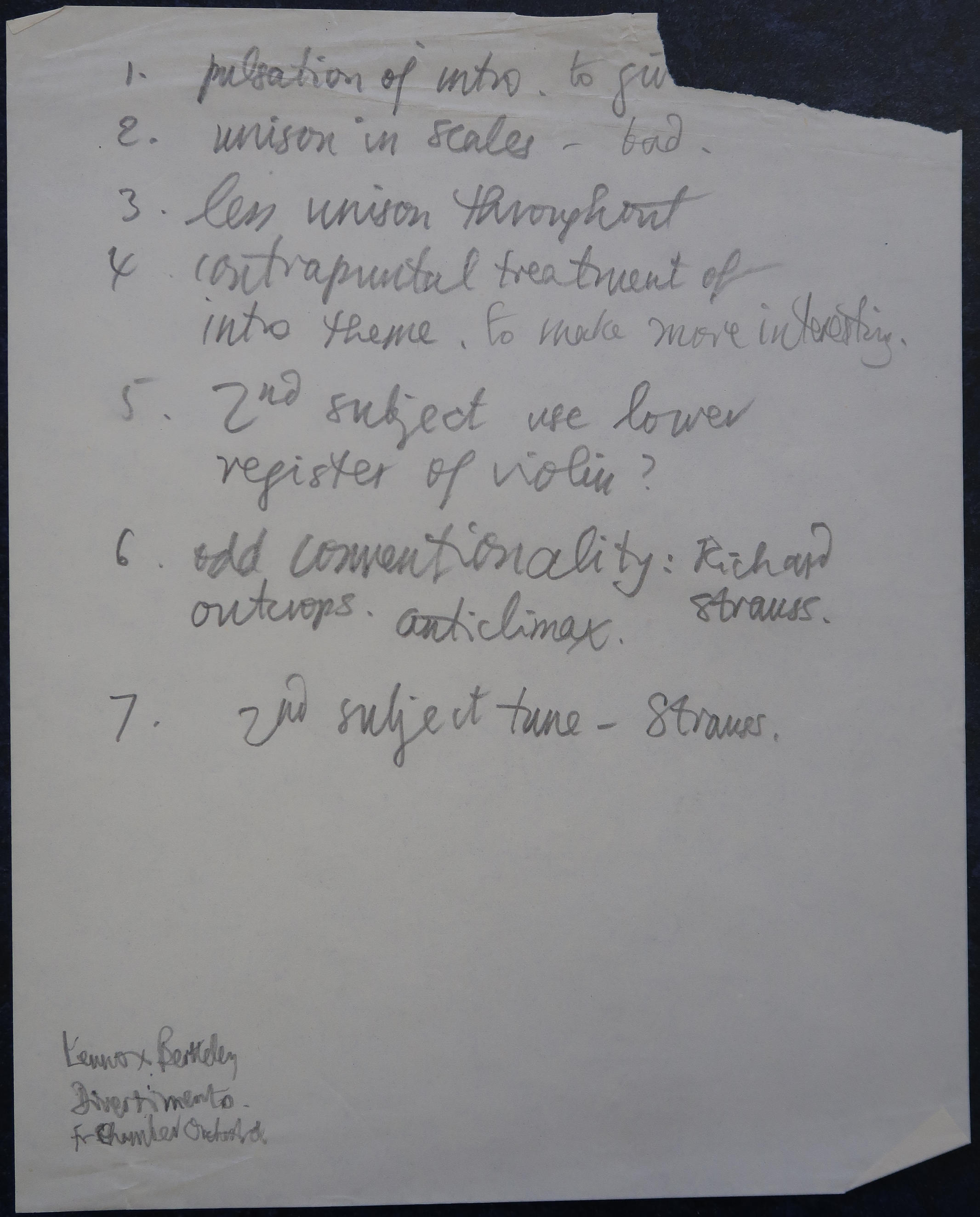 Note that accompanies Peter Tranchell's Variations for String Quartet manuscript score (1949)