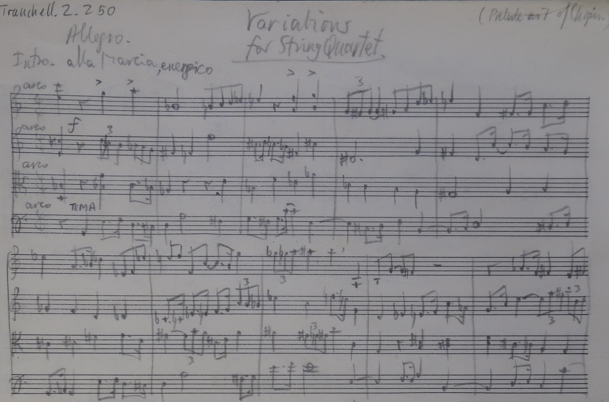 Image of the beginning of Peter Tranchell's Variations for String Quartet manuscript score (1949)