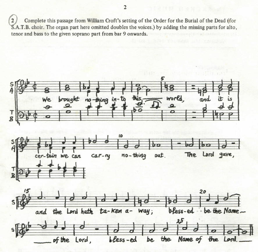 Extract from the harmony examination paper set by Peter Tranchell for the 1977 John Stewart of Rannoch Scholarships in Sacred Music, showing part of William Croft's setting of The Order for the Burial of the Dead for SATB choir